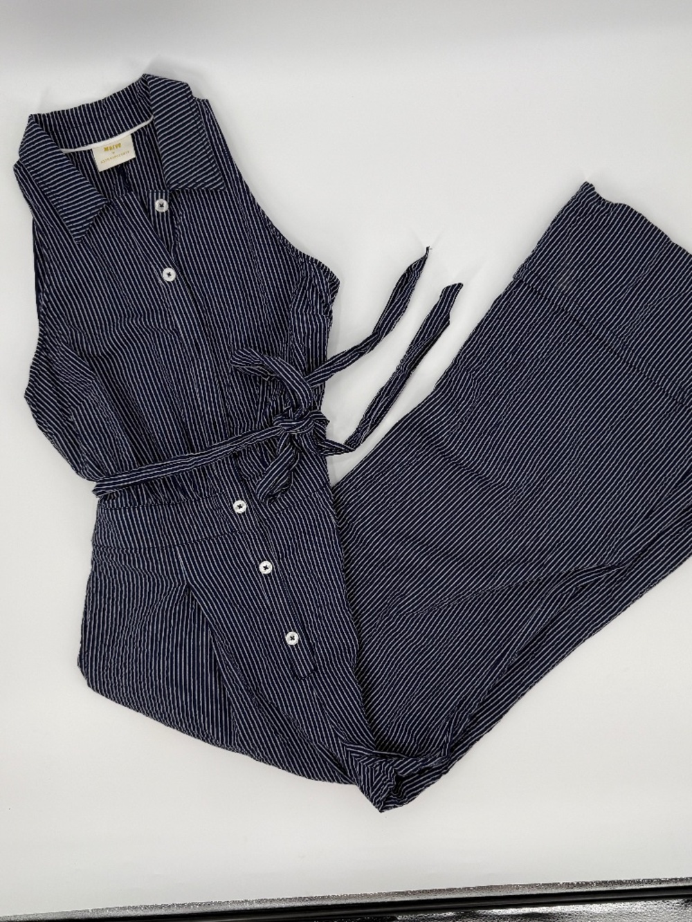Anthropologie Seersucker Striped Jumpsuit Wide Leg Sleeveless Nautical Coastal L